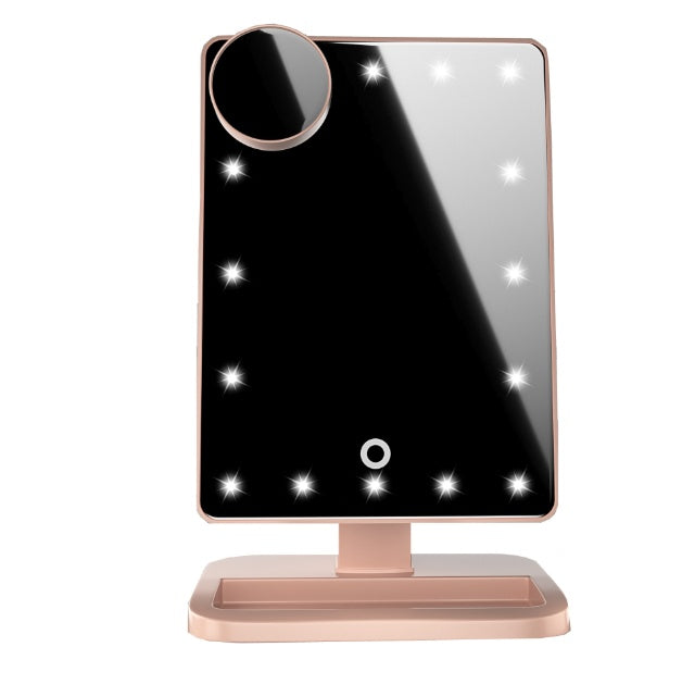 Touch Screen Makeup Mirror With 20 LED Light Bluetooth Music Speaker featuring a 10X magnifying mirror.