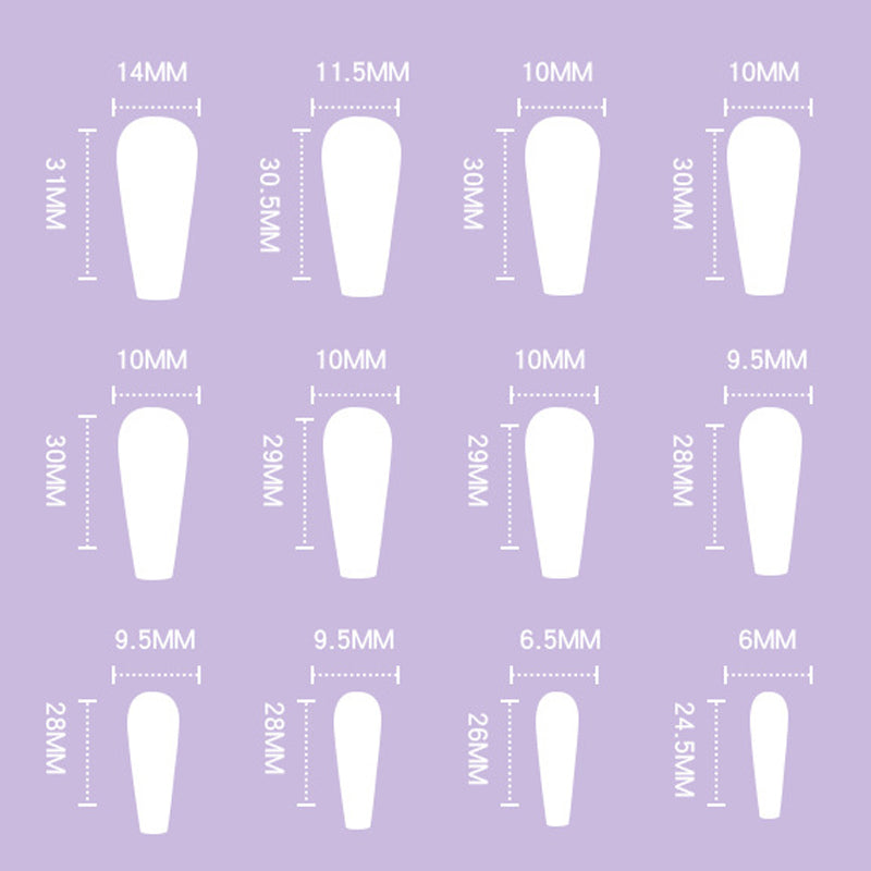 Size guide for press on nails showing various dimensions for perfect fit.