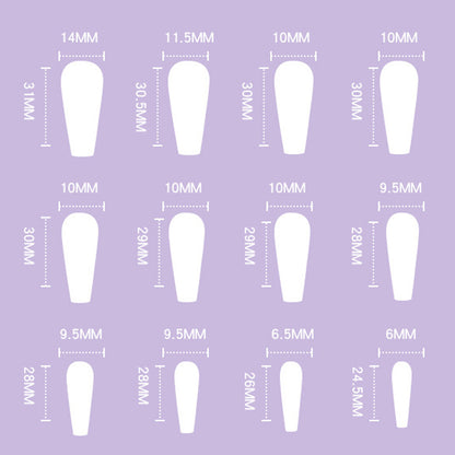 Size guide for press on nails showing various dimensions for perfect fit.