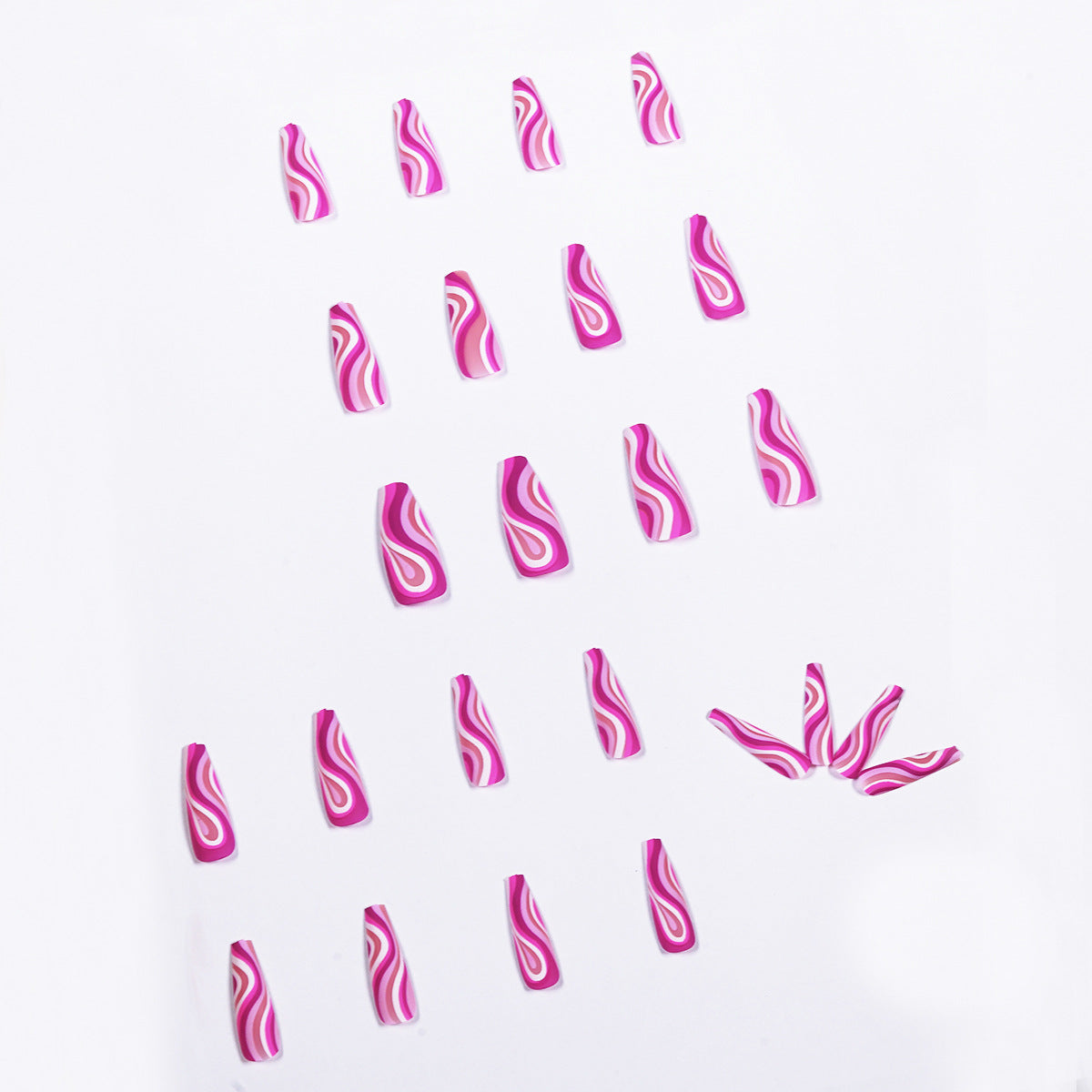 24 pieces of artistic press on nails in pink with swirling designs on a white background