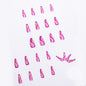 24 pieces of artistic press on nails in pink with swirling designs on a white background