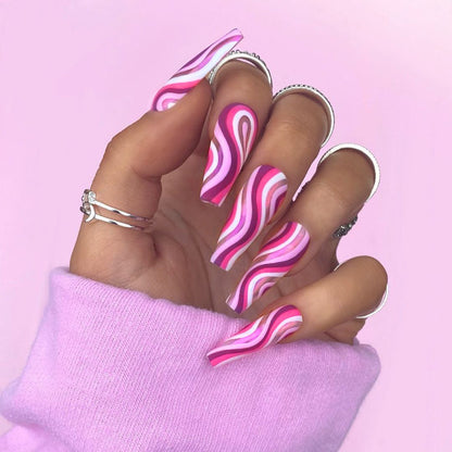 Detachable artistic wearable finished fake nails in pink wave design, showcasing press on nails for trendy nail art.