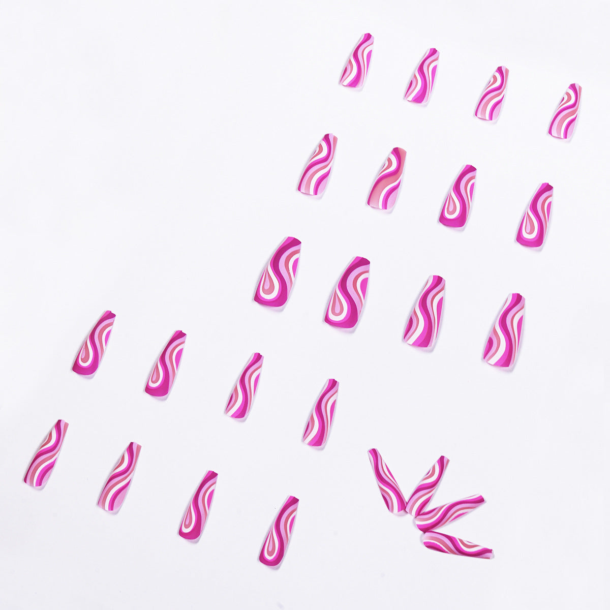Detachable artistic wearable press on nails in pink with swirled design, 24 pieces laid out on a white background.