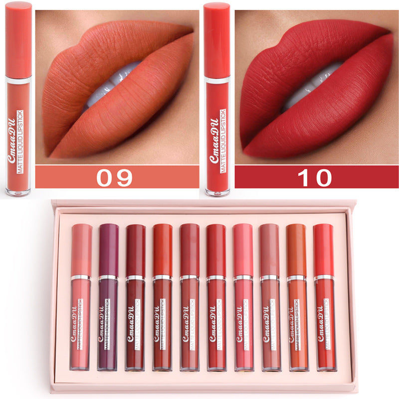 Women's Non-stick Cup Waterproof Matte Lipstick shades displayed in a set of 10, showcasing vibrant colors and finishes.