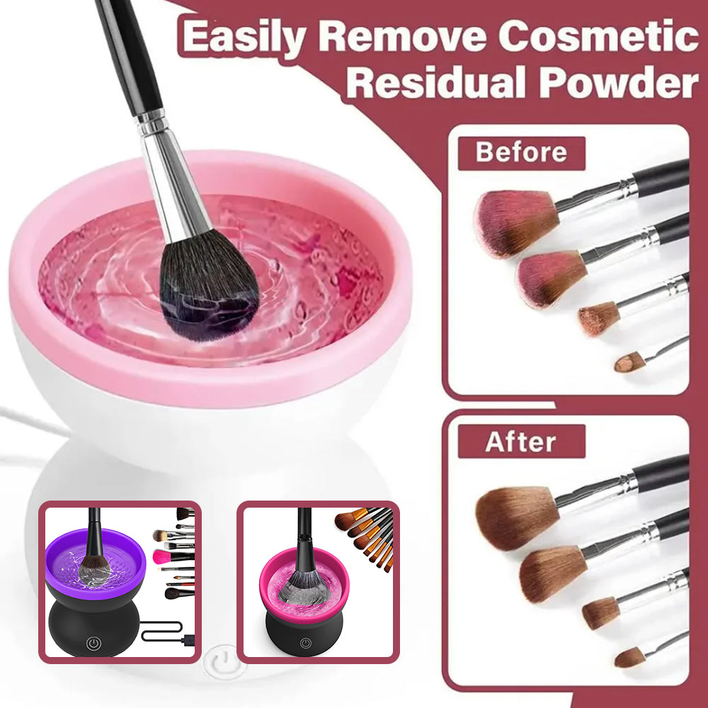 Electric Makeup Brush Cleaner Machine in action, easily removing residual powder from brushes before and after cleaning.