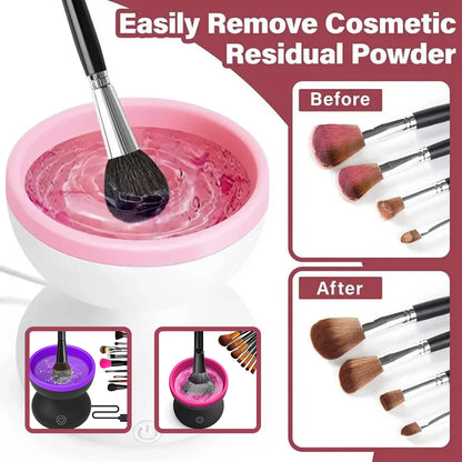 Electric Makeup Brush Cleaner Machine in action, easily removing residual powder from brushes before and after cleaning.
