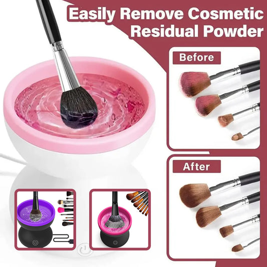 Electric Makeup Brush Cleaner Machine in action, easily removing residual powder from brushes before and after cleaning.