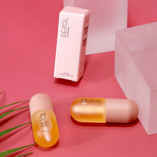 Day Night Instant Volume Lip Plumper Oil displayed alongside packaging on a pink background for lip beauty and care.
