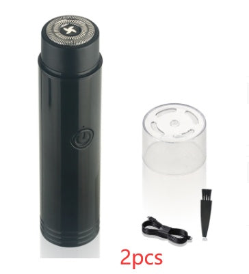 Mini Electric Shaver Portable Car Rechargeable Shaver, featuring a black design and accessories including a cap and cleaning brush.