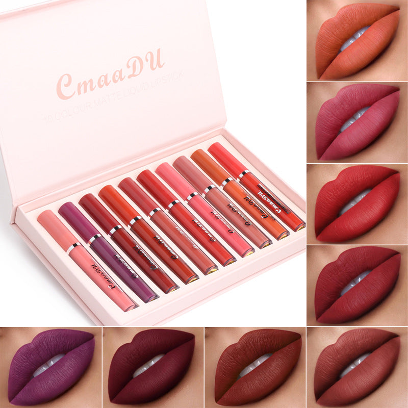 Women's Non-stick Cup Waterproof Matte Lipstick set with various shades displayed on lips in elegant packaging.