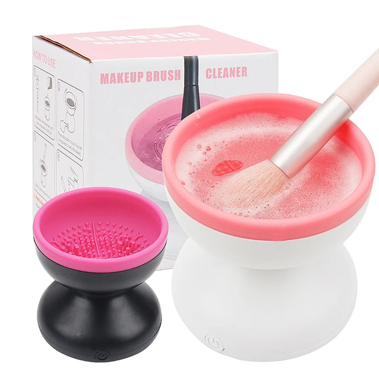 Electric Makeup Brush Cleaner Machine with silicone container and cleaning solution for effective brush cleaning.