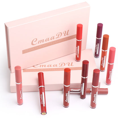 Women's Non-stick Cup Waterproof Matte Lipstick set with 10 vibrant shades and elegant packaging.