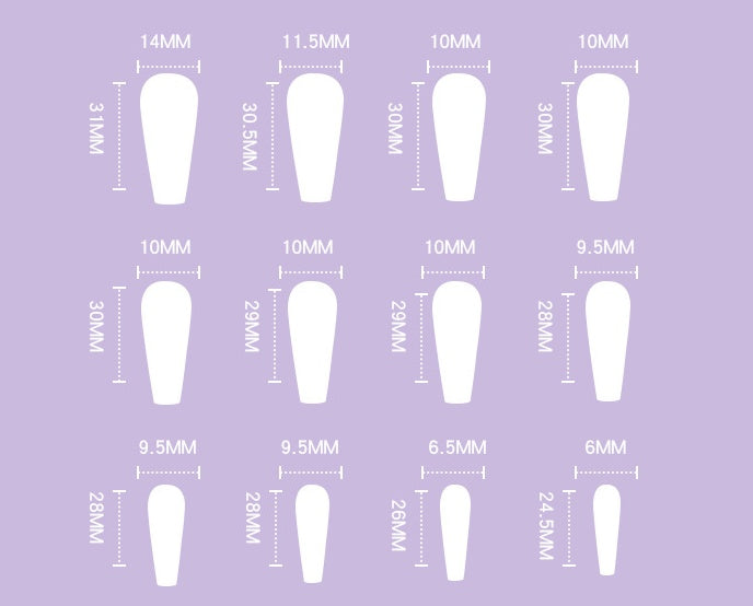 Wearing Nails size chart showing dimensions of false nails in various shapes and sizes on a purple background.