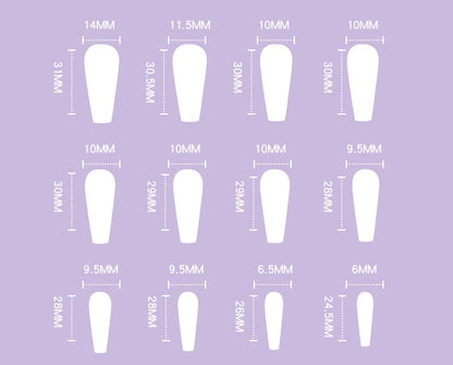 Wearing Nails size chart showing dimensions of false nails in various shapes and sizes on a purple background.