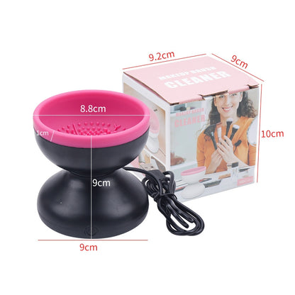 Electric Makeup Brush Cleaner Machine with silicone container, features compact design and easy one-button operation.