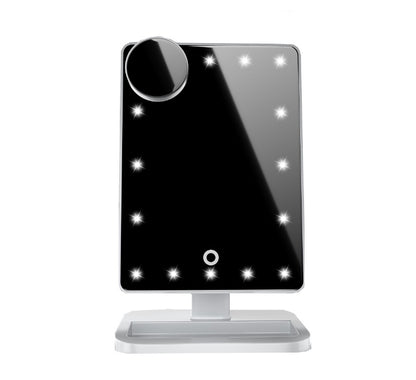 Touch Screen Makeup Mirror With 20 LED Light Bluetooth Music Speaker showcasing a sleek design and a 10X magnifying mirror.