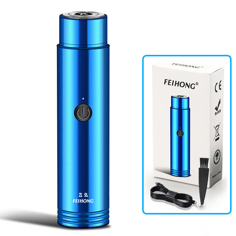 Mini Electric Shaver Portable Car Rechargeable Shaver in blue color with packaging and accessories.