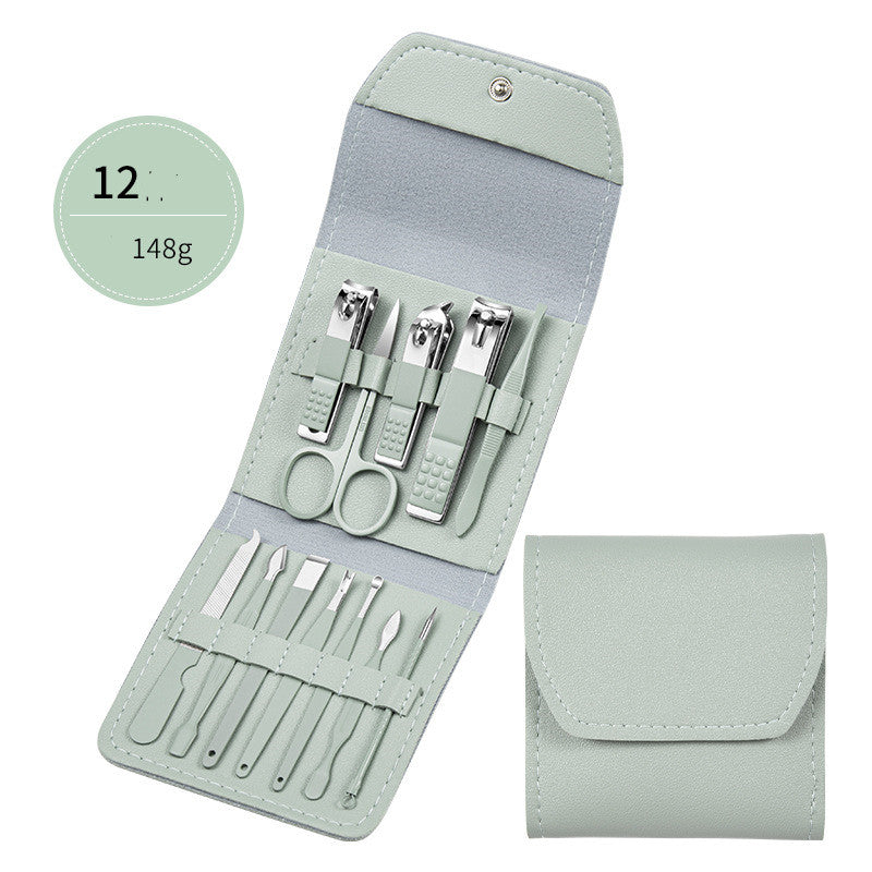 Professional Scissors Nail Clippers set displayed in a stylish mint green case, perfect for nail care and grooming.