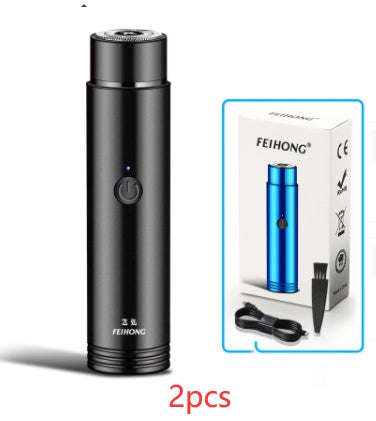 Mini Electric Shaver Portable Car Rechargeable Shaver with charging cable and packaging.