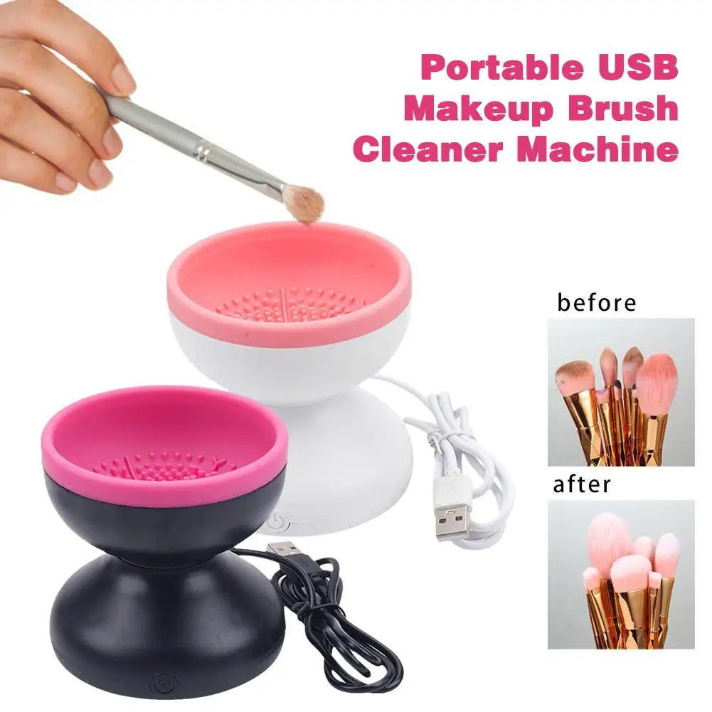 Electric Makeup Brush Cleaner Machine shown with brushes, portable USB cleaner for easy makeup brush maintenance.