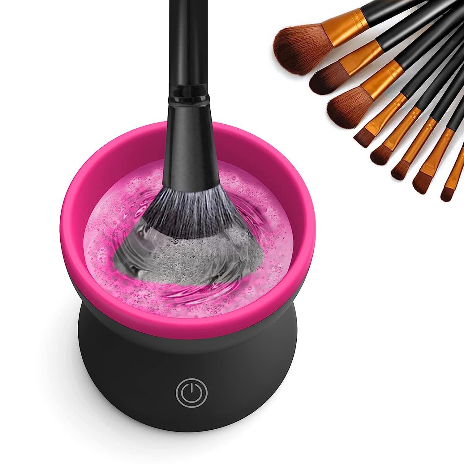 Electric Makeup Brush Cleaner Machine in use, cleaning a makeup brush in a pink silicone container.