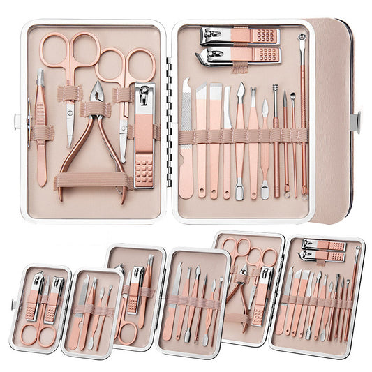 Professional Scissors Nail Clippers set including scissors, clippers, cuticle tools, and nail files in a stylish organizer.