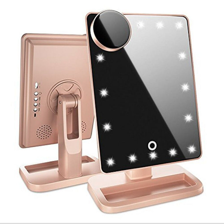 Touch Screen Makeup Mirror With 20 LED Light Bluetooth Music Speaker featuring a stylish design and adjustable stand.