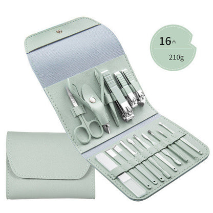 Professional Scissors Nail Clippers set featuring various tools in a mint green carrying case.