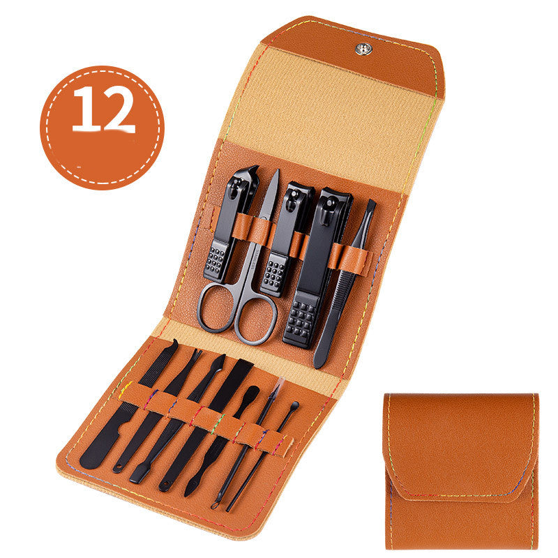 Professional Scissors Nail Clippers set with 12 high-quality stainless steel tools in a stylish brown case.