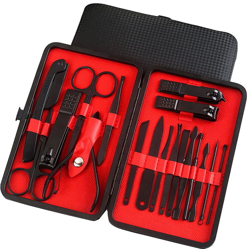 Professional Scissors Nail Clippers set displayed in a neatly organized black case with red interior.
