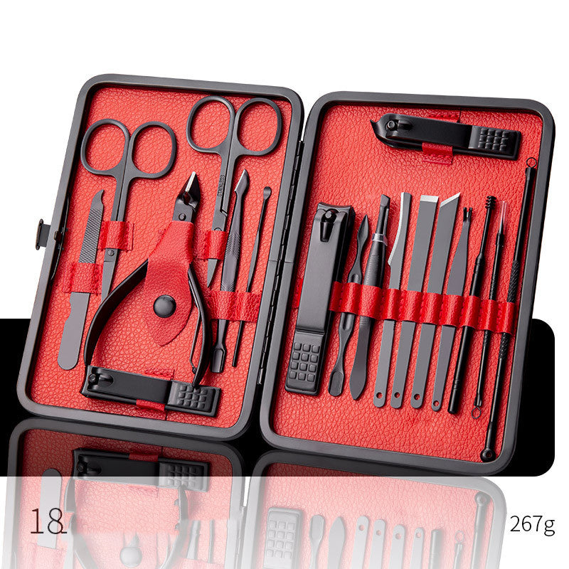 Professional Scissors Nail Clippers set displayed in a red and black case, including nail cutting tools and ear spoon.