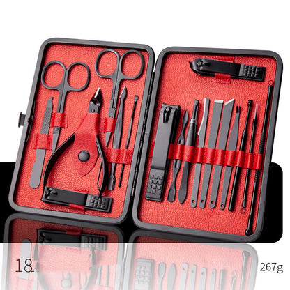 Professional Scissors Nail Clippers set displayed in a red and black case, including nail cutting tools and ear spoon.