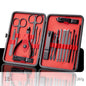 Professional Scissors Nail Clippers set displayed in a red and black case, including nail cutting tools and ear spoon.