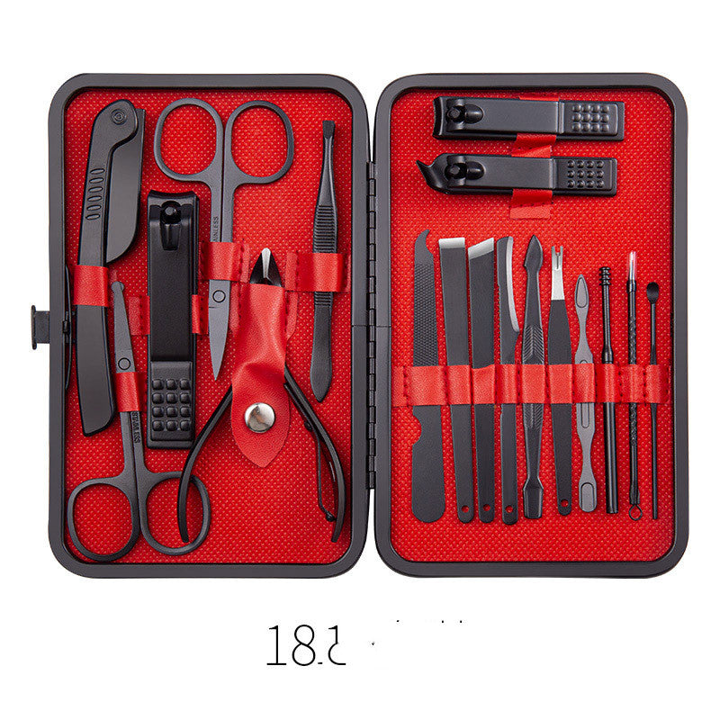 Professional Scissors Nail Clippers set displayed in a black and red case, including various nail care tools and instruments.