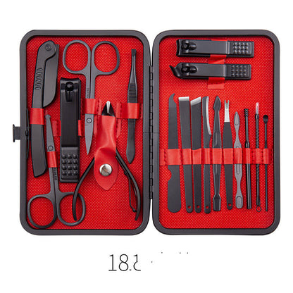Professional Scissors Nail Clippers set displayed in a black and red case, including various nail care tools and instruments.