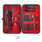 Professional Scissors Nail Clippers set displayed in a black and red case, including various nail care tools and instruments.