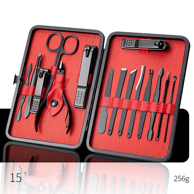 Professional Scissors Nail Clippers Set displayed in a sleek black and red case, showcasing various grooming tools.