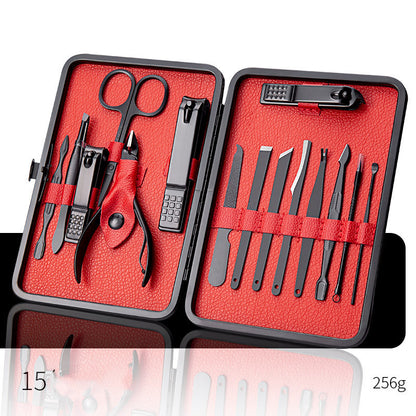 Professional Scissors Nail Clippers Set displayed in a sleek black and red case, showcasing various grooming tools.