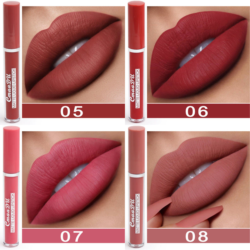 Women's Non-stick Cup Waterproof Matte Lipstick shades displayed in 4 images showcasing shades 05, 06, 07, and 08.