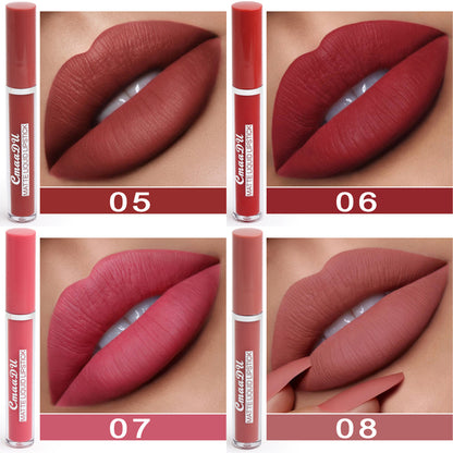 Women's Non-stick Cup Waterproof Matte Lipstick shades displayed in 4 images showcasing shades 05, 06, 07, and 08.