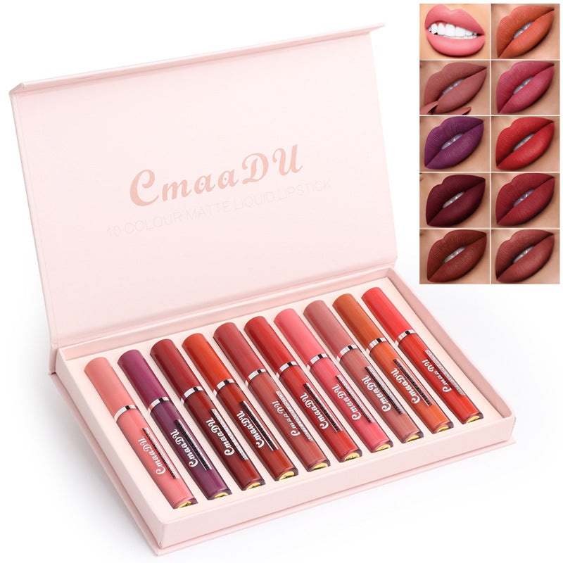 Women's Non-stick Cup Waterproof Matte Lipstick set of 10 lipsticks in pink packaging with swatches of colors.