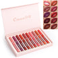 Women's Non-stick Cup Waterproof Matte Lipstick set of 10 lipsticks in pink packaging with swatches of colors.