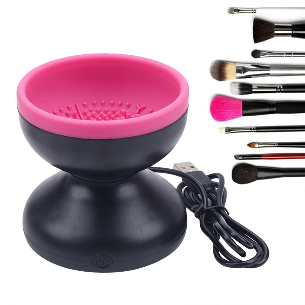 Electric Makeup Brush Cleaner Machine in black and pink design, perfect for cleaning all sizes of makeup brushes.