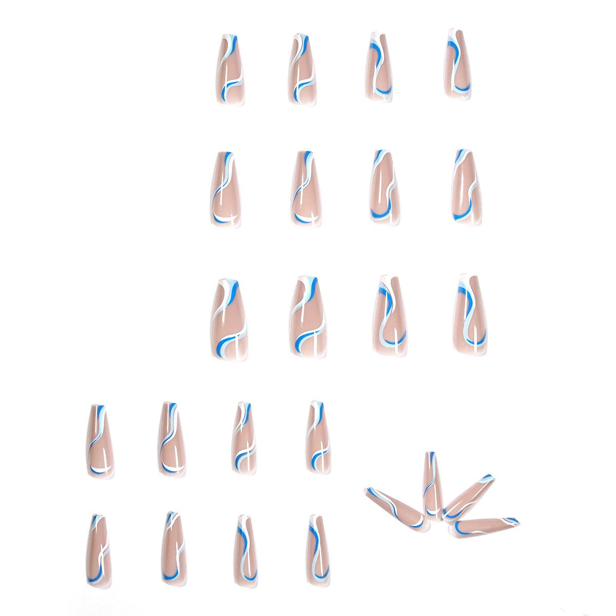 Wearing Nails finished soft nails collection featuring blue and nude designs, 24 pieces of plastic false nails.