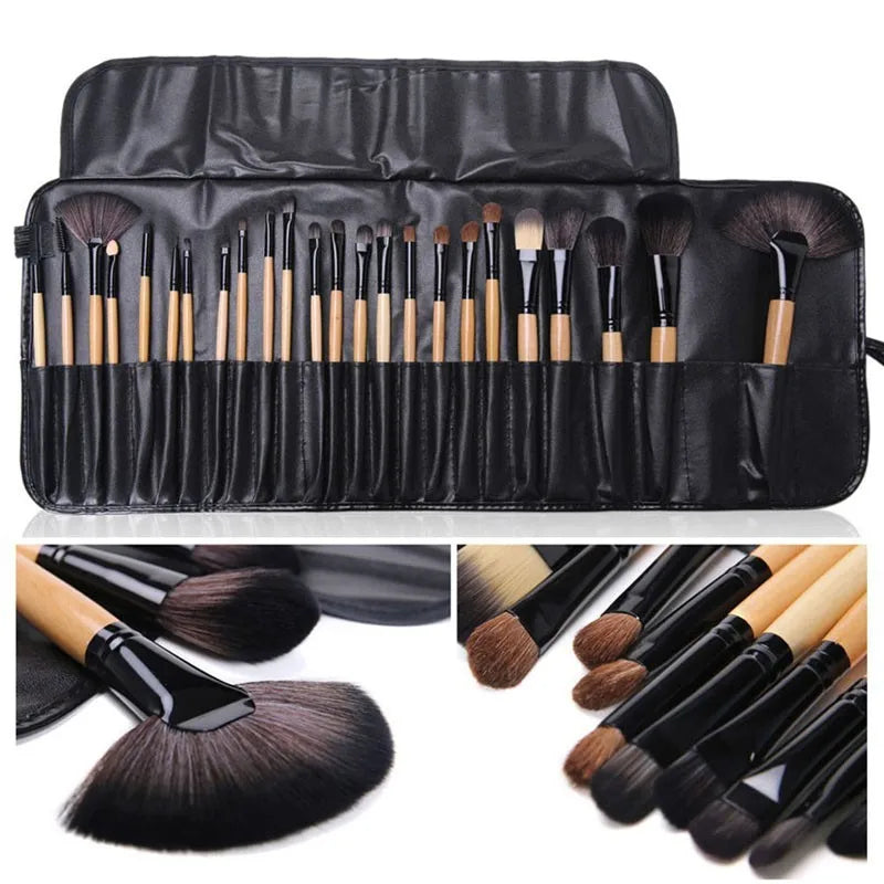 Gift Bag Of 24 Pcs Makeup Brush Sets containing various professional cosmetics brushes displayed in a black case.