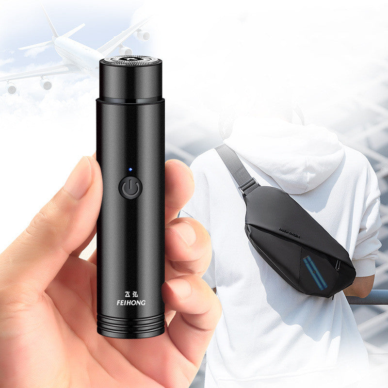 Mini Electric Shaver Portable Car Rechargeable Shaver held in hand against a travel background.