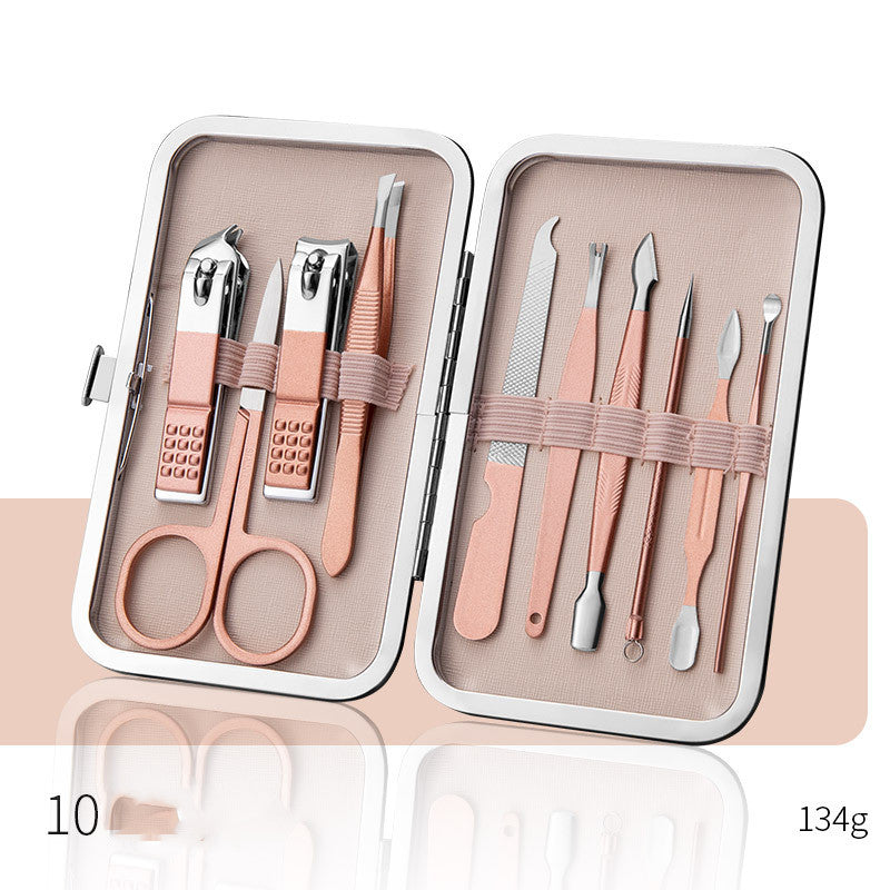Professional Scissors Nail Clippers set displayed in a sleek case with multiple nail care tools, highlighting their quality.