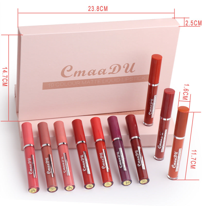 Women's Non-stick Cup Waterproof Matte Lipstick set with 10 color matte liquid lipsticks in a pink box.