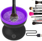 Electric Makeup Brush Cleaner Machine cleaning makeup brush in a silicone container with water and other brushes nearby.